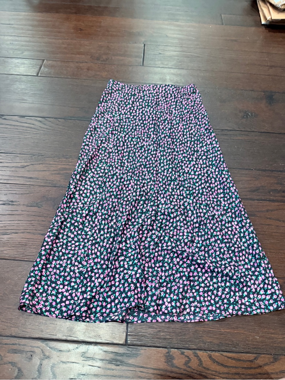 Rebecca Taylor Floral A-Line Midi Skirt in Black with Pink Floral Print